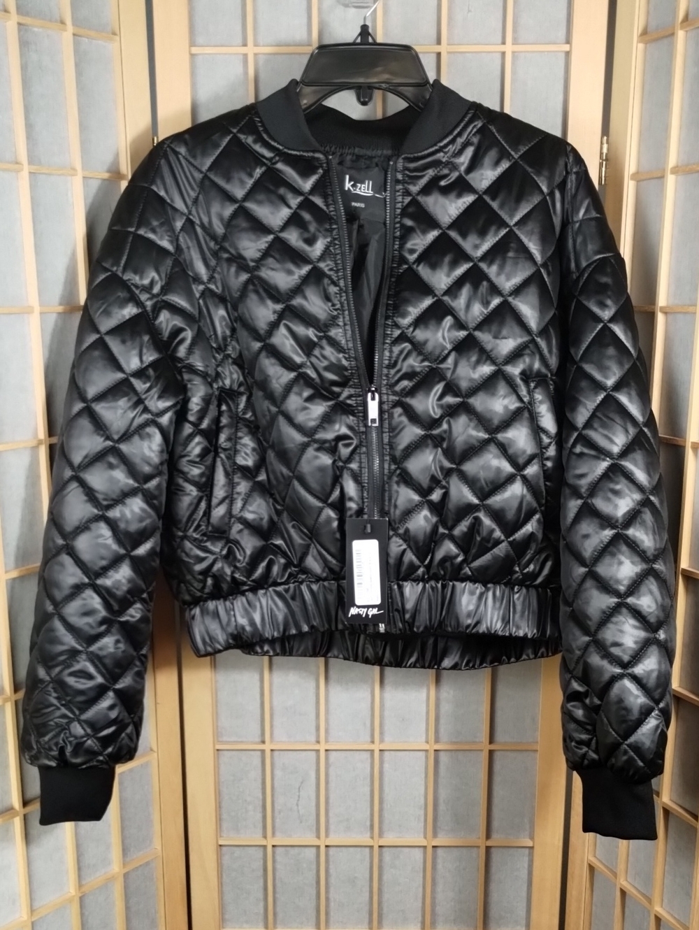 K-zell Paris Nasty Gal Women's Quilted Cropped  Bomber Jacket  Black Size L. NWT